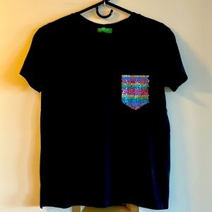 Benetton Short-sleeve T-Shirt in Black w/ sequin pocket detail (rainbow colors)